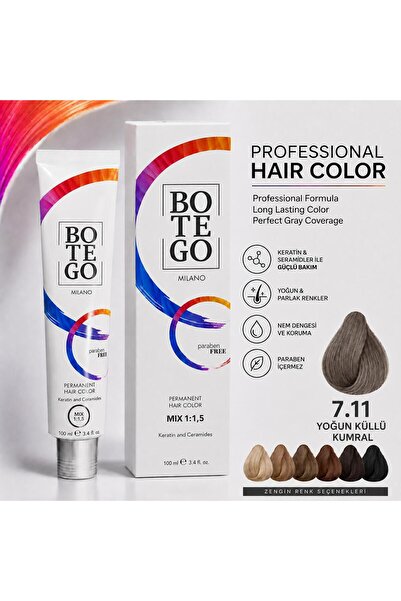 botegohair Profesyonel Krem Saç Boyası - 7.11 Yoğun Küllü Kumral 100 ml