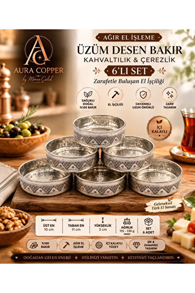 AURA COPPER 6’lı Üzüm Desenli Ağır El İşlemeli Bakır Kahvaltılık Çerezlik Set...