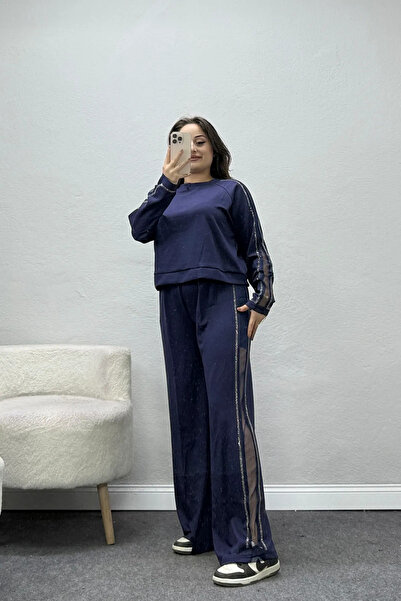 BELENDİR Women's Tulle Detailed Modal Stone Detailed Tracksuit Set Navy Blue