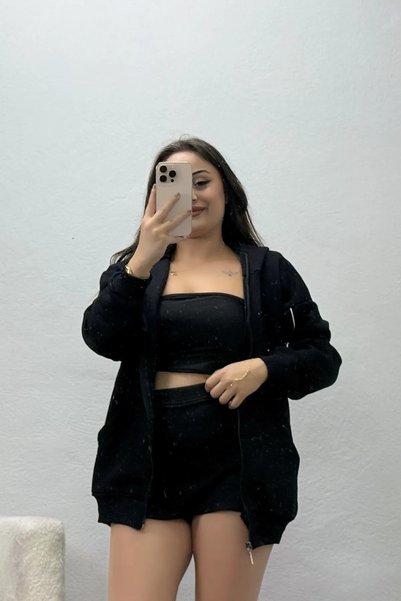 BELENDİR سترة نسائية مضغوطة كبيرة الحجم بثلاثة خيوط باللون الأسود