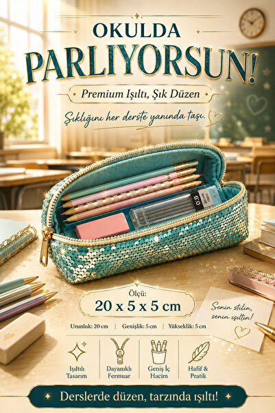 MAKE BAG TURKUAZ IŞILTILI PAYETLİ OKUL KALEMLİĞİ
