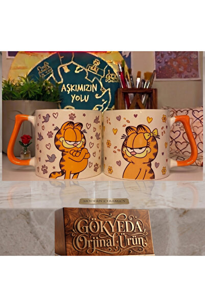 GÖKYEDA Garfield Tasarımlı Eğlenceli Çift Kupa Bardak Mor Kulplu Sevgiliye He...