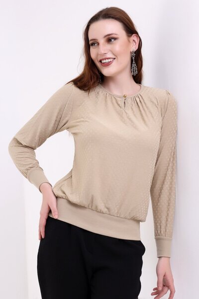 comstar Women's Crew Neck Textured Mink Long Sleeve Blouse
