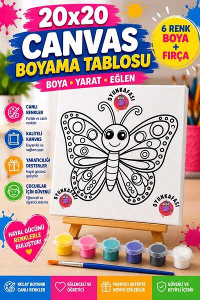 OYUNKAFASI Kelebek Kanvas Boyama Seti 20x20 cm 6 Renk Boya ve Fırça Dahil Çoc...