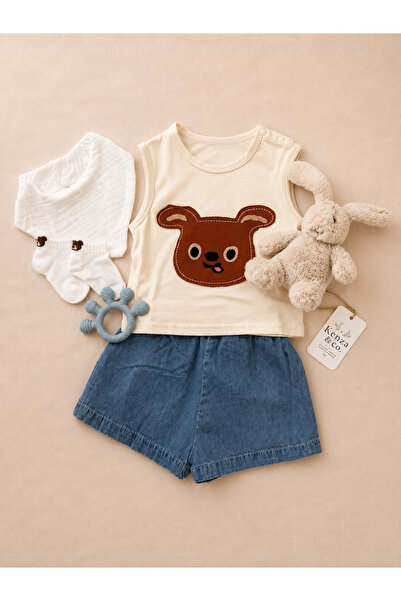 Generic Brand Bear Appliqué Tank Top & Baby Denim Shorts with bib, 1 pair soc...