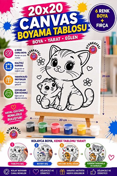 OYUNKAFASI Anne Kedi ve Yavru Kedi Kanvas Boyama Seti 20x20 cm 6 Renk Boya ve...