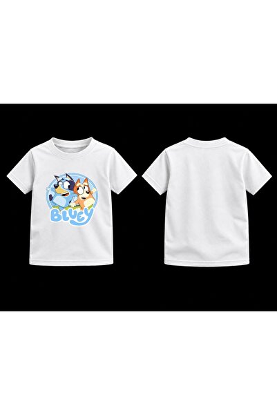 HESCO Tricou alb pentru copii cu gâtul rotund, cu design de desene animate Bluey