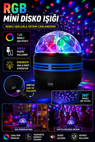 Hane Dostu USB Şarjlı RGB Mini Disko Topu LED Renkli Işık Efektli Parti ve Od...