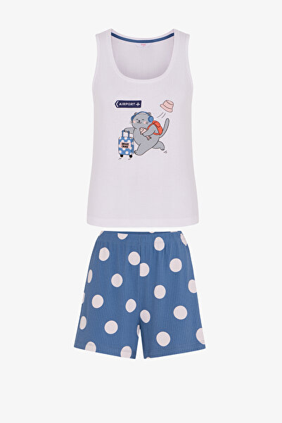 Penti Mavi Snooze Cruise Kedi Desenli Şort Pijama Takımı