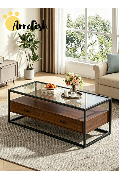 AnneFish 100*50*45cm Glass Coffee Table with 2 Drawers 2 Tier Center Table Mu...