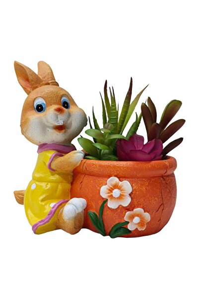 Maple Leaf Home Rabbit Cement Planter with Plants, Orange