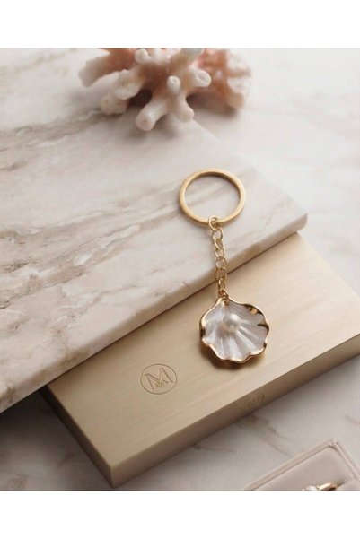 VESPERASTOREE Gold Detailed Oyster Shell Keychain 10 Pieces (Henna - Engagement - Birthday Gift)