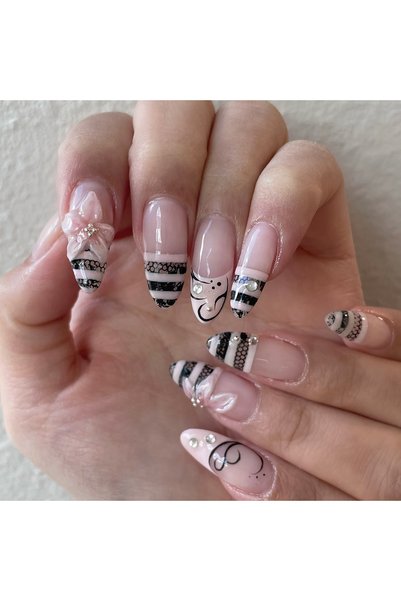 Choice8 Style 20 24Pcs Almond Shape False Nails Brown Stripes Pink Flowers Fa...