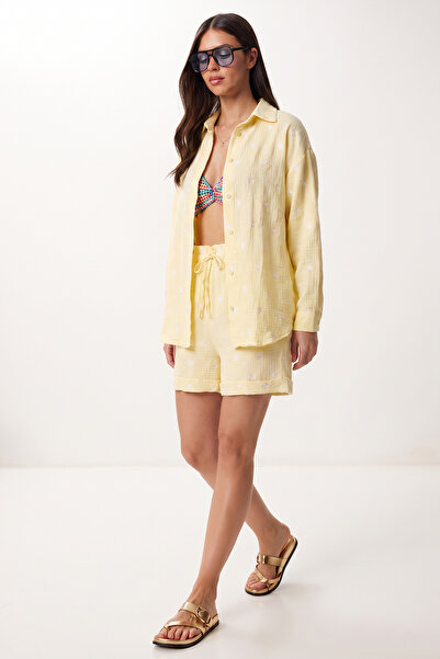 Lovelyİstanbul Embroidered Muslin Shirt Shorts Set Lax0014 Yellow