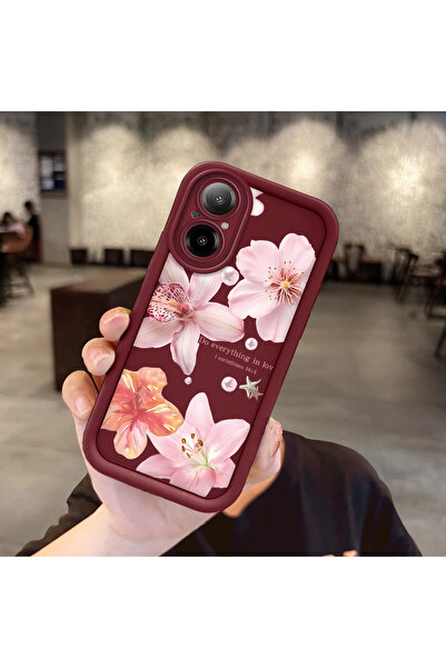 Hontinga Realme 12 Lite Uyumlu kılıf kamera koruyucu çiçekli kılıf Bordo sevg...