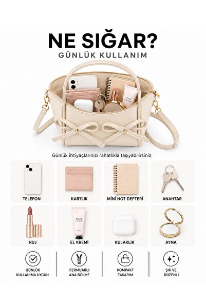 SHAKA Krem SHK342 Suni Deri,Fermuarlı,Fiyonk Detaylı,Uzun Askılı,El,Kol Ve Omuz Çantası