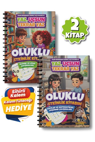 Gong 3-6 Yaş Oluklu Yaz-Sil Etkinlik Kitabı 2'li Set Sihirli Kalem ve Kalem T...