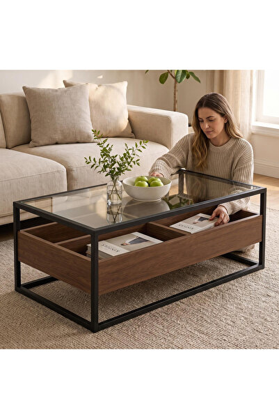 VariFurnx طاولة قهوة زجاجية 120*60*45 سم، طاولة مركزية بطبقتين مع تخزين مقسم،...