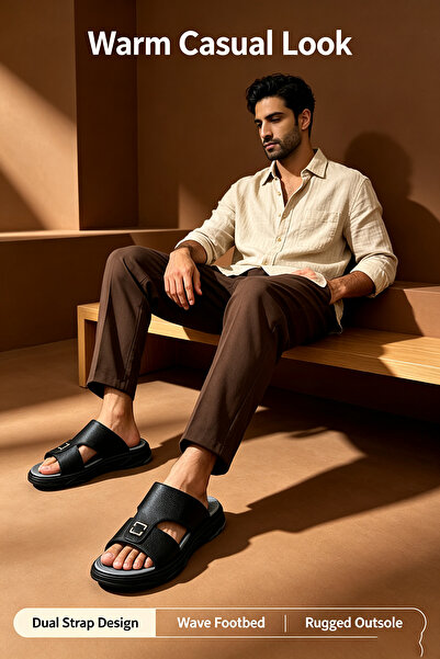 SaudEva Foot Men’s Black Dual‑Strap Slide Sandals With Metal Square Buckle,Wa...