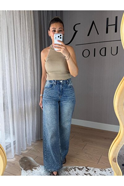 Bahar Koyu Mavi Taş Detaylı Wide Leg Kadın Jean Pantolon