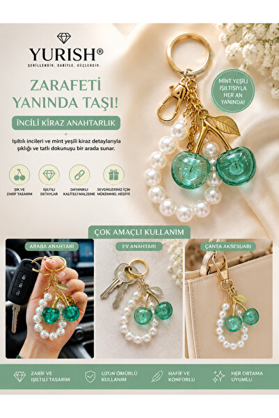 YURISH İnci Detaylı Mint Yeşili Kiraz Charm Anahtarlık