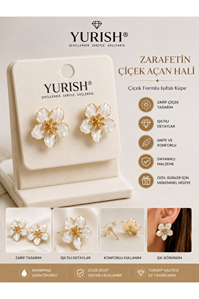 YURISH Kadın Gold Beyaz Gri Sedefli Çiçek Figürlü Mineli Model 2'li Küpe