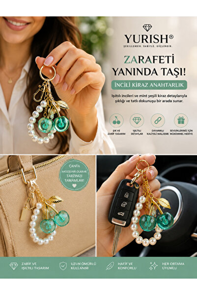 YURISH İnci Detaylı Mint Yeşili Kiraz Charm Anahtarlık