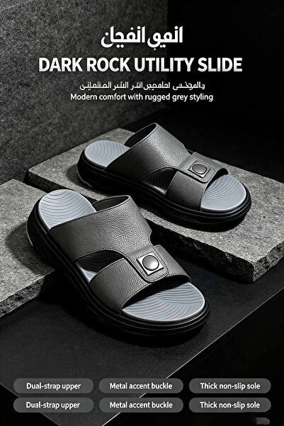 SaudEva Foot صندل رياضي رجالي من الجلد الأسود المحبب، بحزام مزدوج مع مشبك معد...