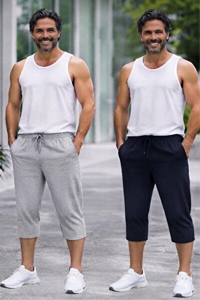 NO 601 Men's Gray-Dark Navy Blue Long Below-Knee Capri Shorts 2-Pack