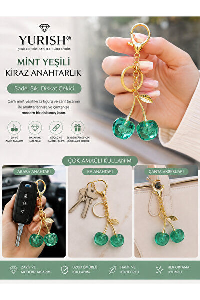 YURISH Gold Zincir Mint Yeşili Kiraz Meyve Figürlü Su Yeşili Charm Anahtarlık Aksesuar