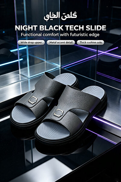 SaudEva Foot Men’s Black Dual‑Strap Slide Sandals With Metal Square Buckle,Wa...