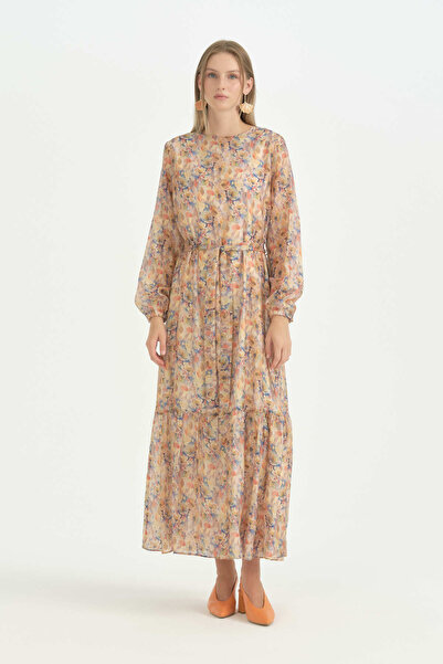 Nihan Belted Patterned Dress - Salmon