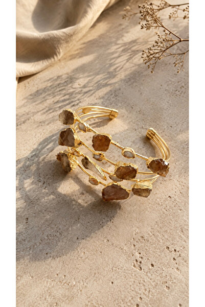 Nevaa Still Smoky Quartz Natural Stone Gold Cuff Bracelet – Adjustable Women'...