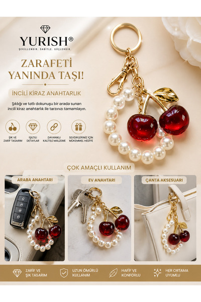 YURISH Kadın Gold Bordo Kırmızı Simli İnci Detaylı Kiraz Meyve Figürlü Charm Anahtarlık Çanta Süsü