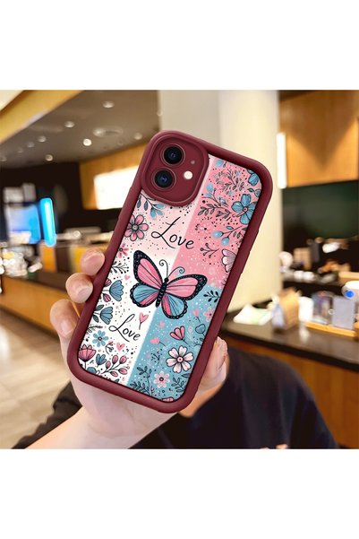 Hontinga iPhone 11 Compatible Case Camera Protector Stitch Pattern Maroon Lov...