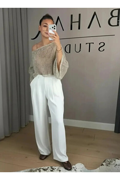 Bahar Ekru Yüksek Bel Pileli Bol Paça Rayon Pantolon