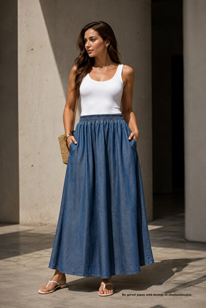 Rhen Store Beli Lastikli Tensel Denim Maxi Etek