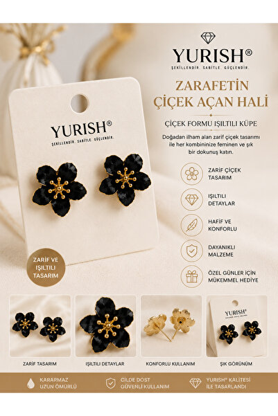 YURISH Kadın Gold Beyaz Gri Sedefli Çiçek Figürlü Mineli Model 2'li Küpe