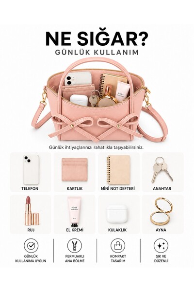 SHAKA Pembe SHK342 Suni Deri,Fermuarlı,Fiyonk Detaylı,Uzun Askılı,El,Kol Ve Omuz Çantası