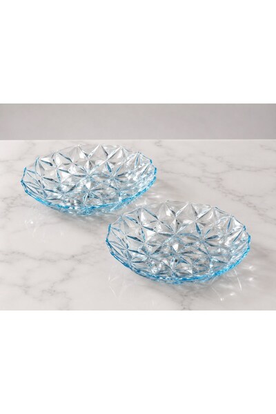 Raneel Kazançlı Alışveriş Geometric Patterned 2-Piece Glass Bowl Blue