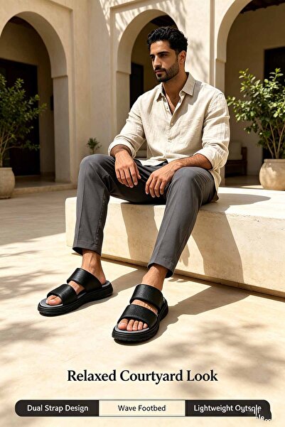SaudEva Foot شبشب رجالي أسود بحزام مزدوج عريض، مصنوع من الجلد الصناعي المزخرف...