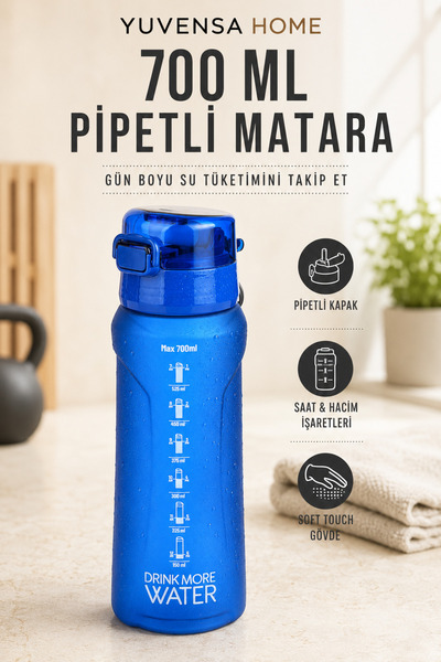 Yuvensa Home 700 ml Pipetli Motivasyon Su Matarası Saat ve Hacim Göstergeli S...