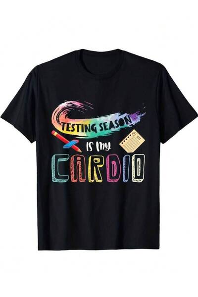 29CUN Casual Short Sleeve T S Black With Fun Print Of Testing Is My Cardio Su...