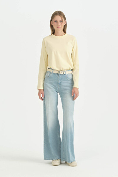 Nihan High Waist Wide Leg Denim Cotton Jeans - Light Blue