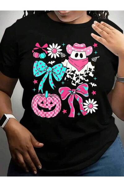 k222 Coquette Bow Spooky Funny Ghost Cowboy Western Halloween Black Graphic T...