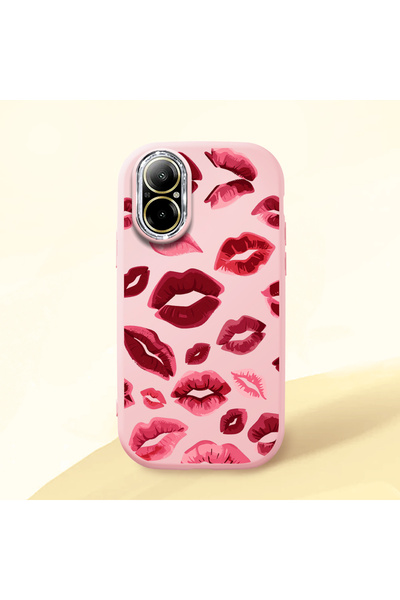 Hontinga Realme C67 Compatible Case Camera Protector Pink Kiss Patterned Sili...