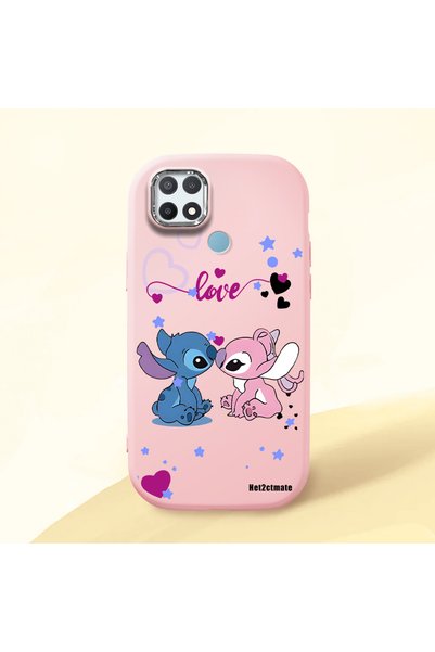 Hontinga Oppo A15 Compatible Case Camera Protective Pink Stitch Patterned Sil...