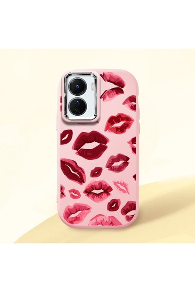 Hontinga Vivo Y02S Compatible Case Camera Protector Pink Kiss Patterned Silic...