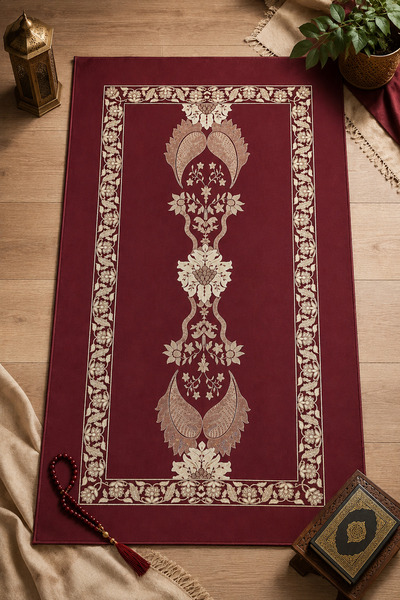 EastWest Trading Lüks Çift Yüzlü Mikrofiber Dokuma Soft Kumaş Seccade - Bordo...