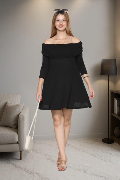 ESADE Women's Black Boat Neck Off the Shoulder Long Sleeve Flared Mini Dress